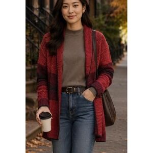 Cabi Womens Cardigan Red Medium Chevron Knit Shawl Collar Sweater Boho Cozy